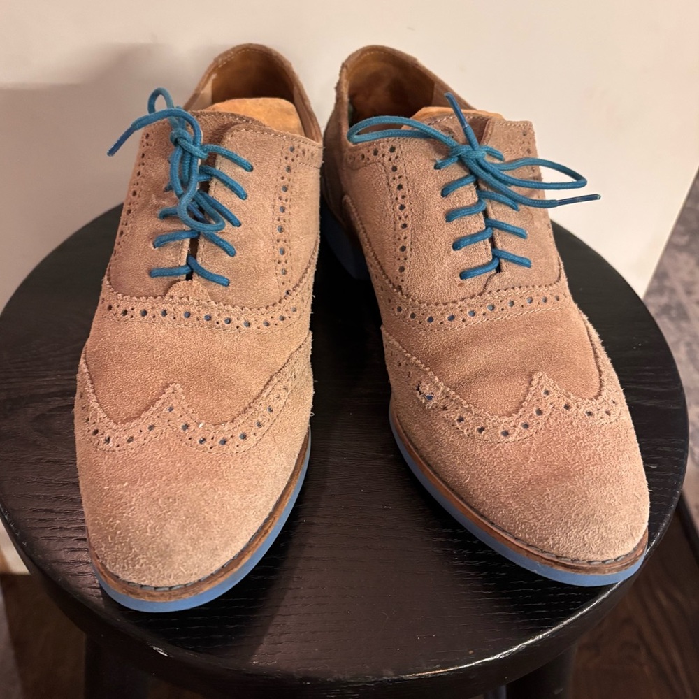 Cole Hahn Suede Brogue Shoes - Tan with Blue Accents